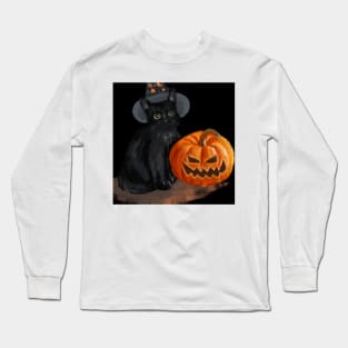 Halloween Cat with Scary Orange Pumpkin and Party Hat Long Sleeve T-Shirt